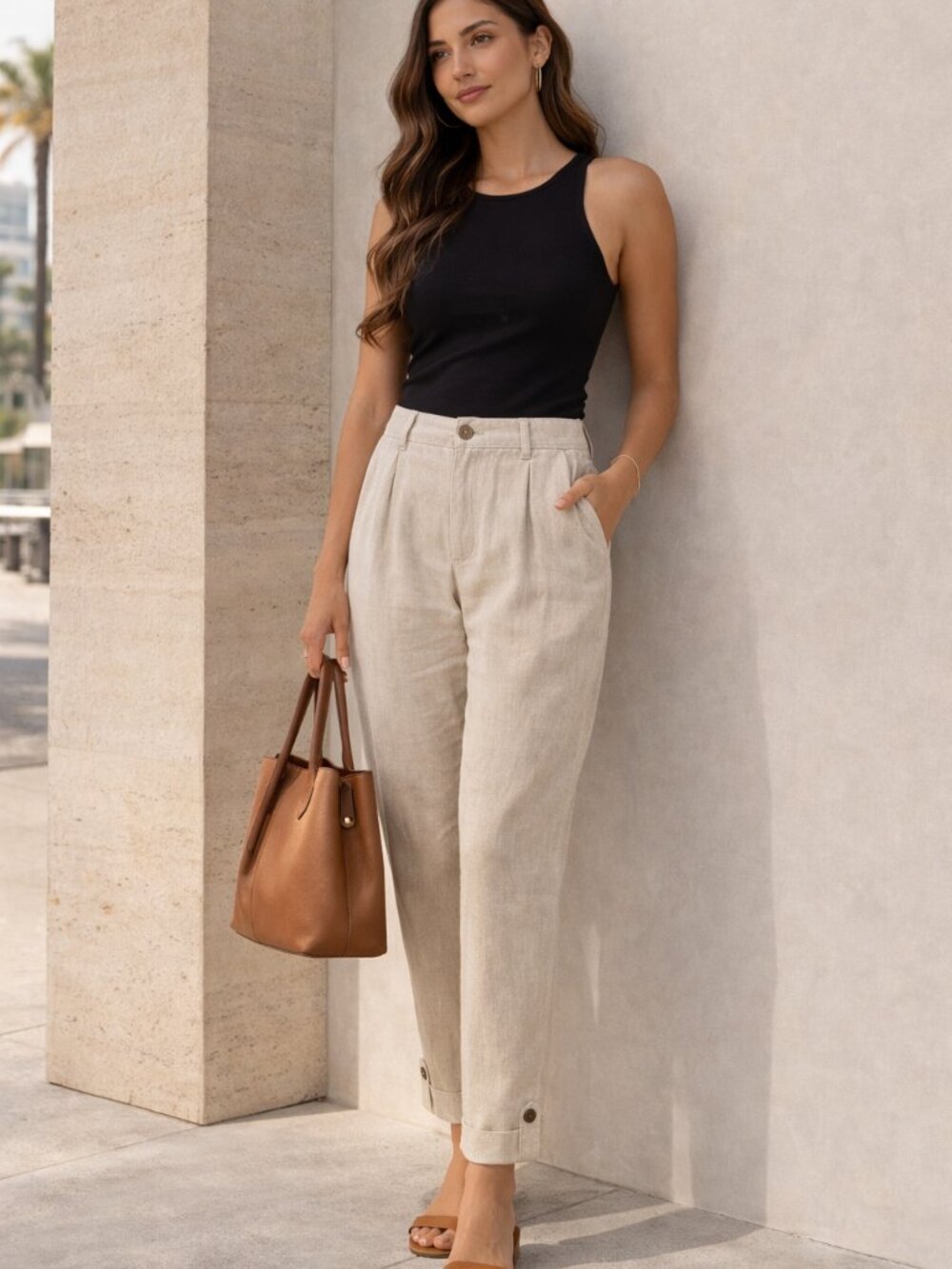 Mango MNG Linen Pleated Tapered Pants Button Ankle Cuff Size 14 Oatmeal/Sand